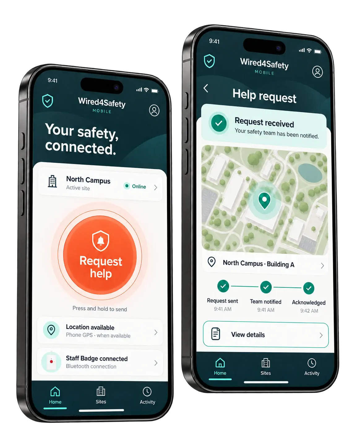 Wired4Safety Mobile request and acknowledgement screens