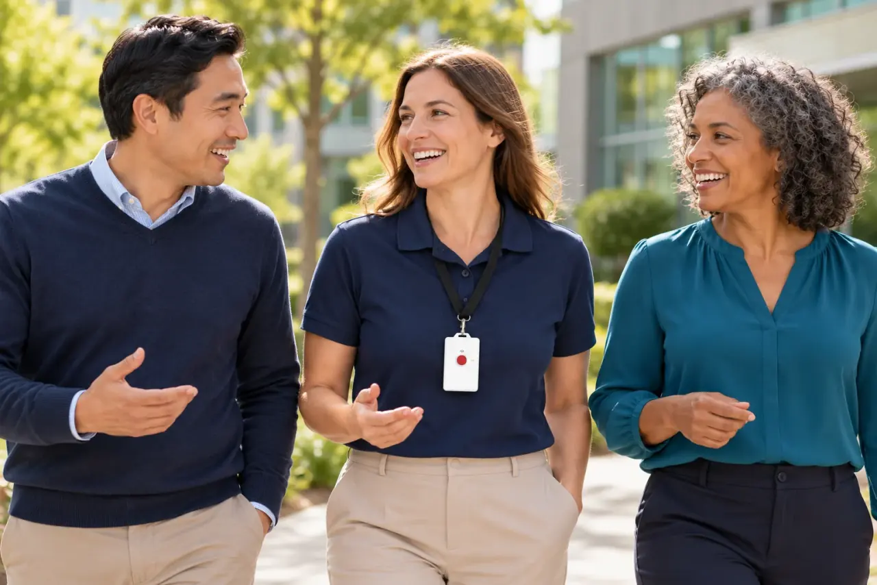 Smiling colleagues talking as they walk through a campus