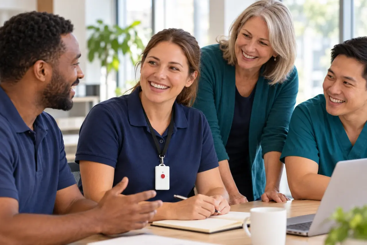 Smiling health and security colleagues working together