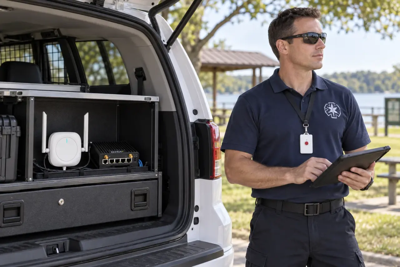 Responder using a tablet beside vehicle-mounted safety network equipment